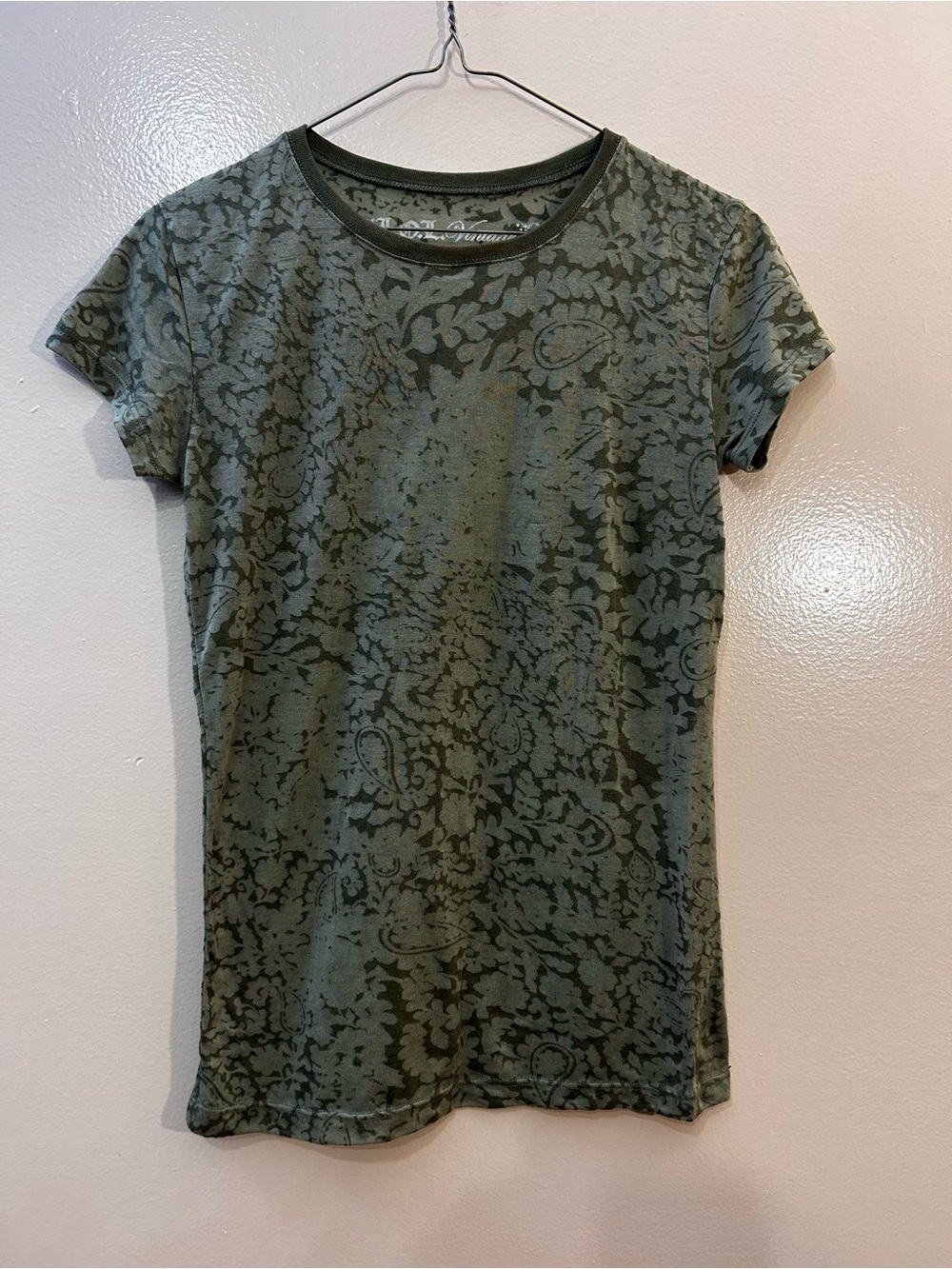 L.O.L. Vintage Olive Green Short Sleeve Crewneck Tee with Paisley Burnout